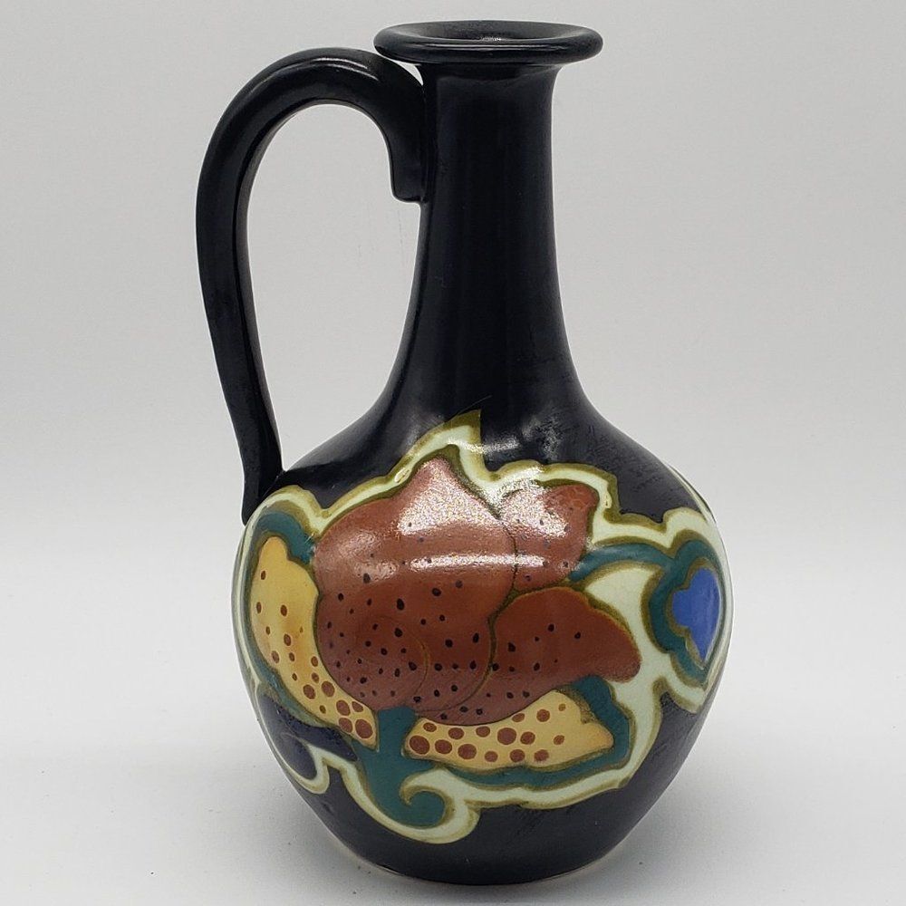 𝅺HONGAN Ware Black Brown and Blue Floral Art Pottery Vase or Pitcher